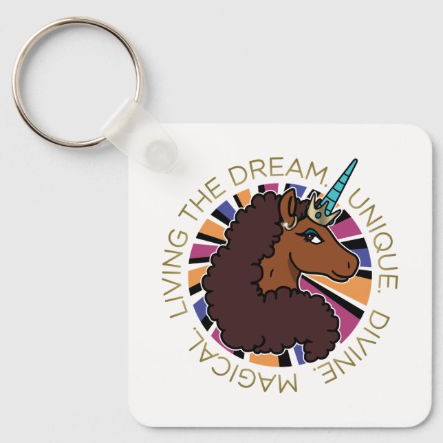 Afro Unicorn Living the Dream Design Key Ring (Front)