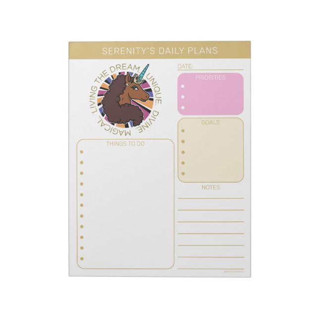 Afro Unicorn Living the Dream Design Notepad (Rotated)