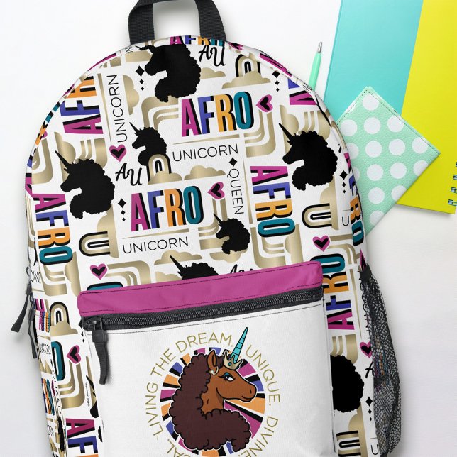 Afro Unicorn Living the Dream Design Printed Backpack (Backpack on desk)