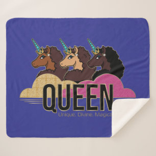 Afro Unicorn Queen Trio Design Sherpa Blanket