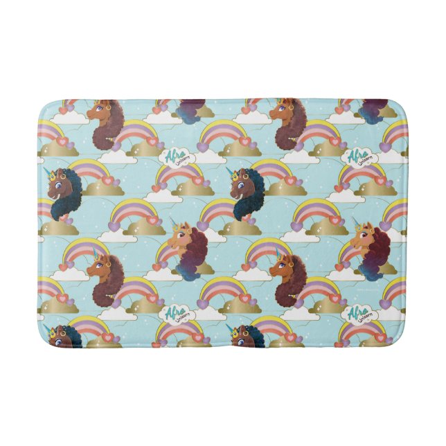 Afro Unicorn Rainbow and Hearts Pattern Bath Mat (Front)