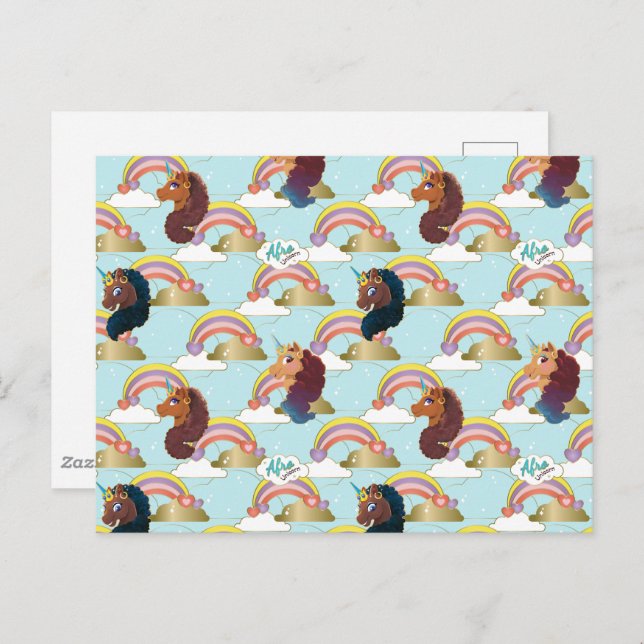 Afro Unicorn Rainbow and Hearts Pattern Postcard (Front/Back)