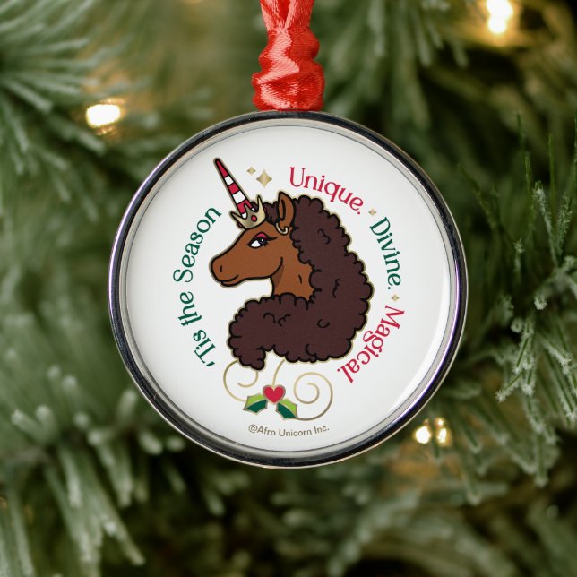 Afro Unicorn 'Tis the Season Holiday Unicorn Metal Ornament (Tree)