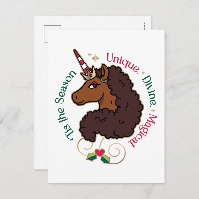 Afro Unicorn 'Tis the Season Holiday Unicorn Postcard (Front/Back)