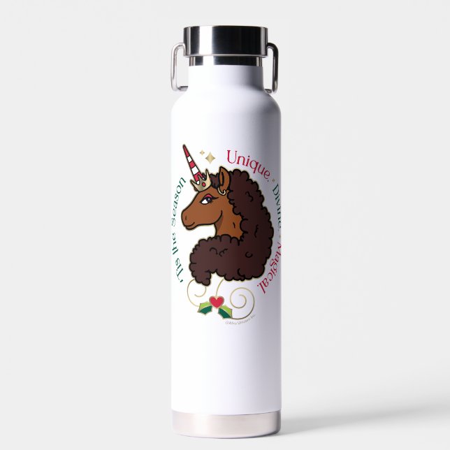 Afro Unicorn 'Tis the Season Holiday Unicorn Water Bottle (Front)