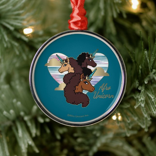 Afro Unicorn Trio Heart Design Metal Ornament (Tree)