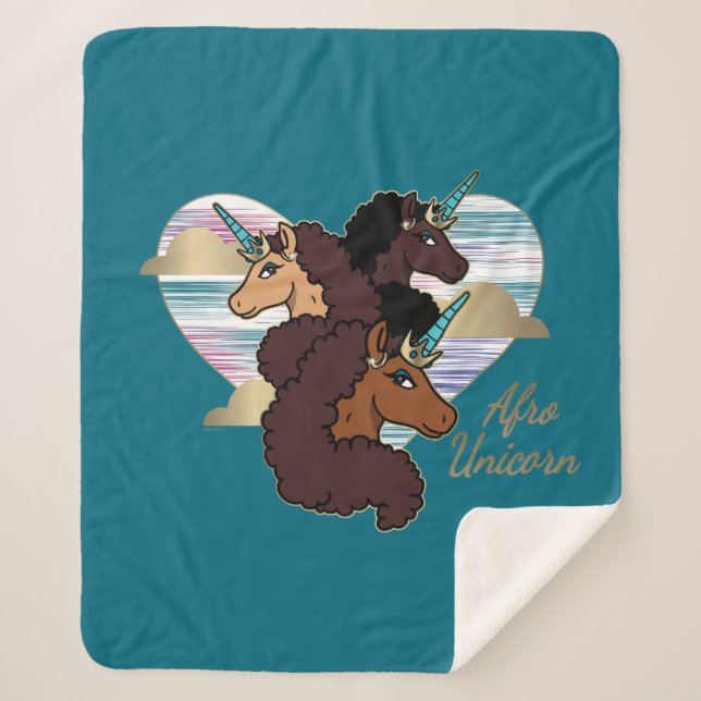 Afro Unicorn Trio Heart Design Sherpa Blanket (Front)