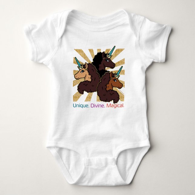 Afro Unicorn Trio: Unique, Divine, and Magical Baby Bodysuit (Front)