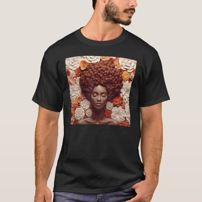 Afro Woman Floral Black Queen Puff Melanin Orange  T-Shirt (Front)