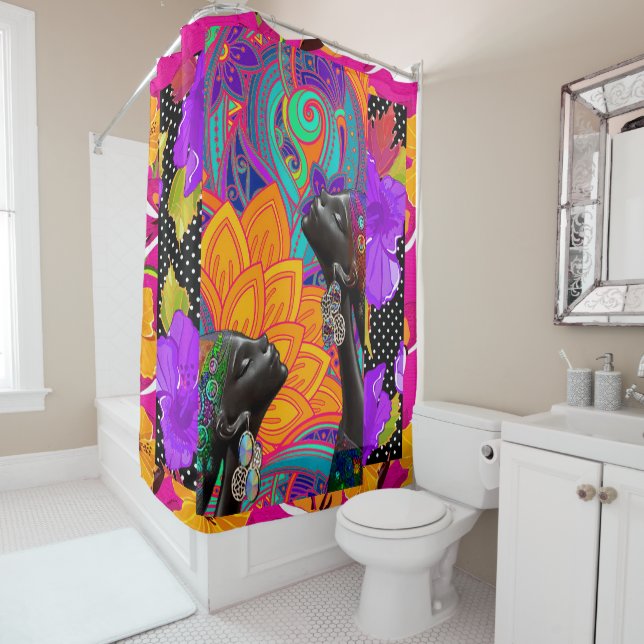 Afrocentric Folk Art Shower Curtain (In Situ)
