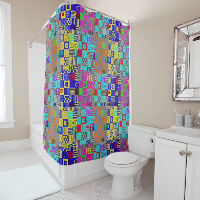 Afrocentric Geometric Motif Multicolored  Shower Curtain (In Situ)