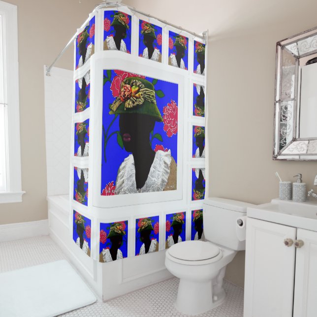 Afrocentric Harlem Renaissance Silhouette Quilt Shower Curtain (In Situ)