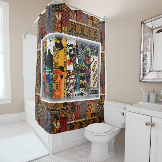 Afrocentric Motif Pattern Print Shower Curtain (In Situ)