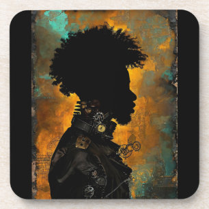 Afrofuturistic Steampunk Man in Black Coaster