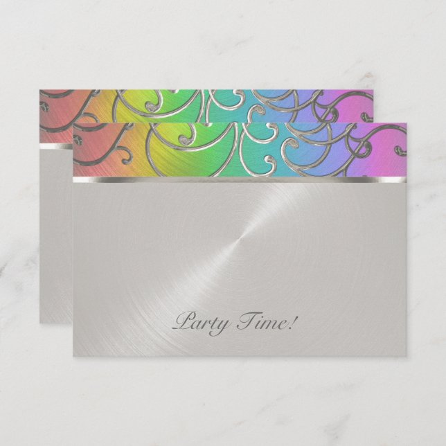 After Party Elegant Rainbow and Silver Filigree Invitation (Front/Back)