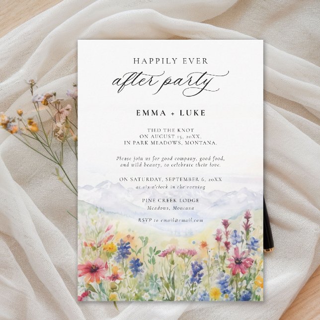 After Party Mountains Meadow Wildflowers Wedding Invitation (elopement after party invitation happily ever mountain wildflowers meadow watercolor modern)