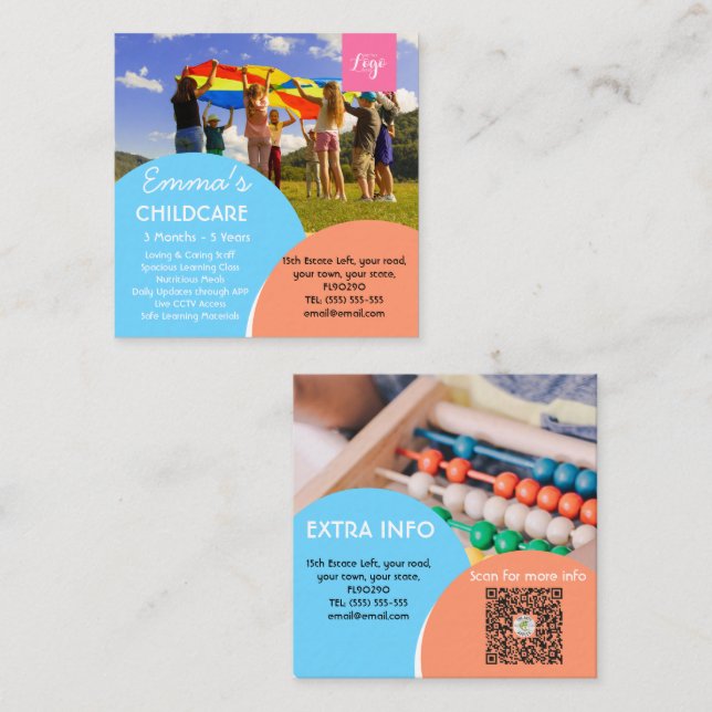 after school childcare babysitter daycare kinder square business card (Front/Back)