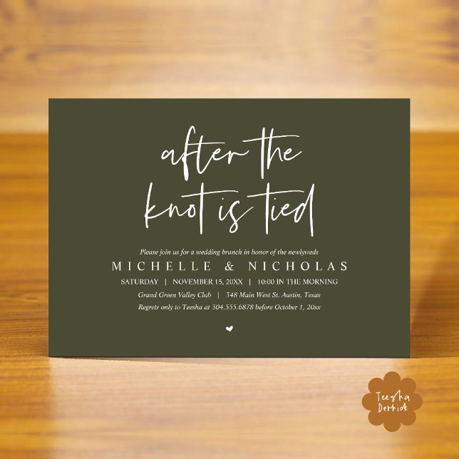 After the knot is tied, Modern Post Wedding Brunch Invitation (After the knot is tied, Modern Casual Post Wedding Brunch Party Dinner Invites Card PDF Olive Green)