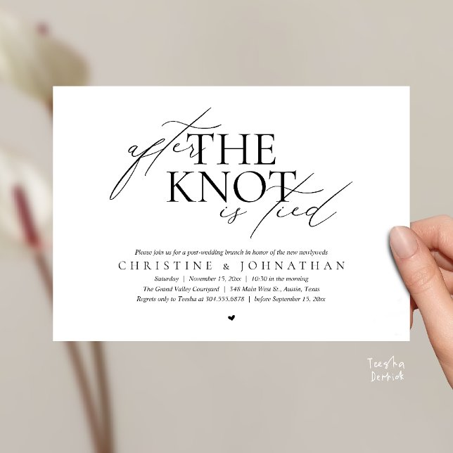 After The Knot Tied, Post Wedding Elopement Brunch Invitation (After The Knot Tied, Post Wedding Elopement Brunch Invitation card contemporary clean black white)
