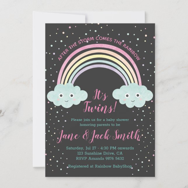 After the Storm Comes Rainbow | Twins Baby Shower Invitation (Front)