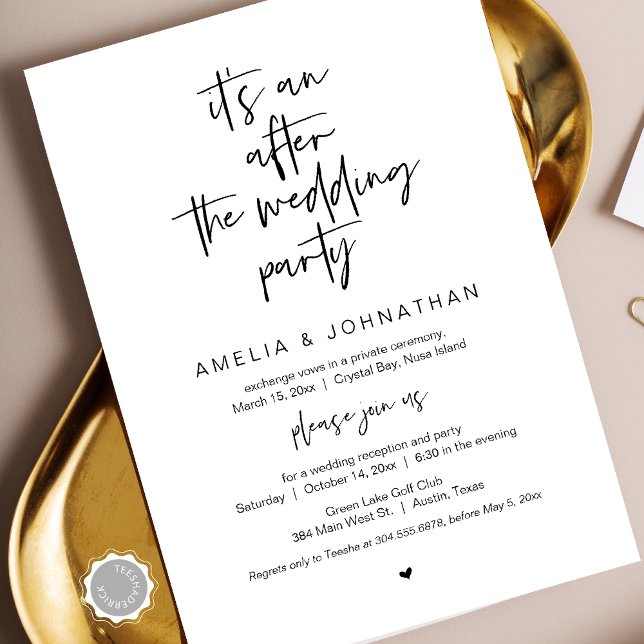 After the wedding, Black, Elopement Party Invitation (After the wedding, Elopement Party Celebration Invitation card, Downloadable, Modern Minimal design)