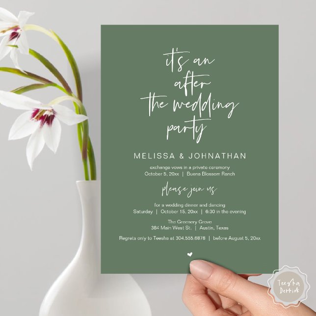 After the wedding, Black, Elopement Party Invitation (It's an after the wedding, Elopement dinner dancing brunch Party Invitation Card PDF Sage Green)