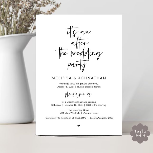 After the wedding, Black, Elopement Party Invitation (It's an after the wedding, Elopement dinner dancing brunch Party Invitation Card PDF Black White)