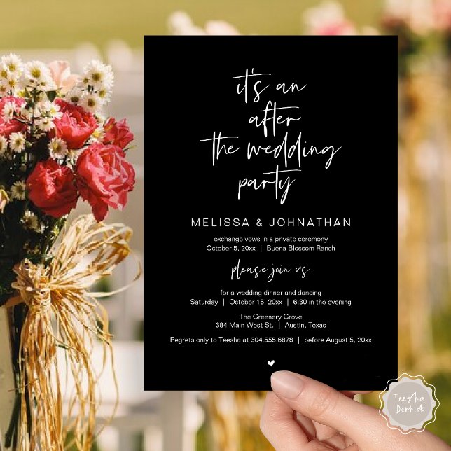 After the wedding, Black, Elopement Party Invitation (It's an after the wedding, Elopement dinner dancing brunch Party Invitation Card PDF Classy Black)