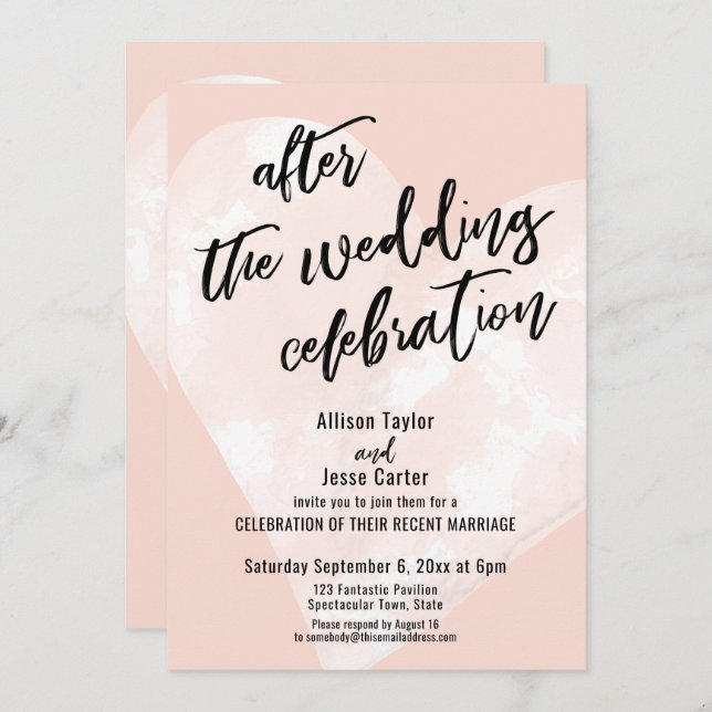 After the Wedding Celebration White Heart on Blush Invitation (Front/Back)