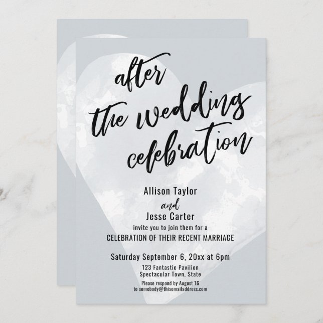 After the Wedding Celebration White Heart on Grey Invitation (Front/Back)