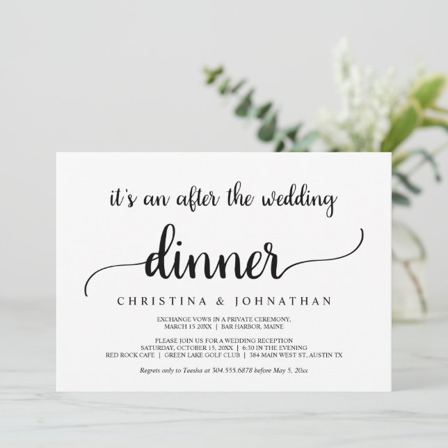 After the wedding Dinner, Modern Rustic Elopement Invitation (Standing Front)