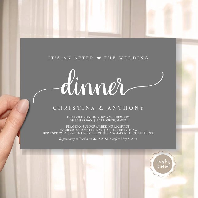 After The Wedding Dinner, Rustic Elopement Invitation (It's An After The Wedding Dinner, Elopement Invitation Card, Modern Rustic Script in Dark Grey.)