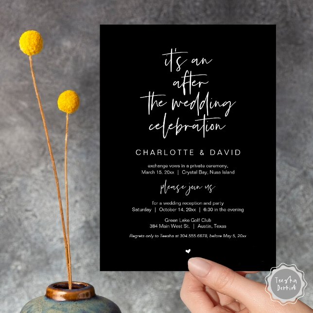 After the wedding, Navy Blue, Elopement Party Invitation (Its an after the wedding celebration, Elopement Dinner Party Invitation Card, PDF, in classy black)