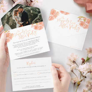 After wedding party photo peach spring blossom all in one invitation