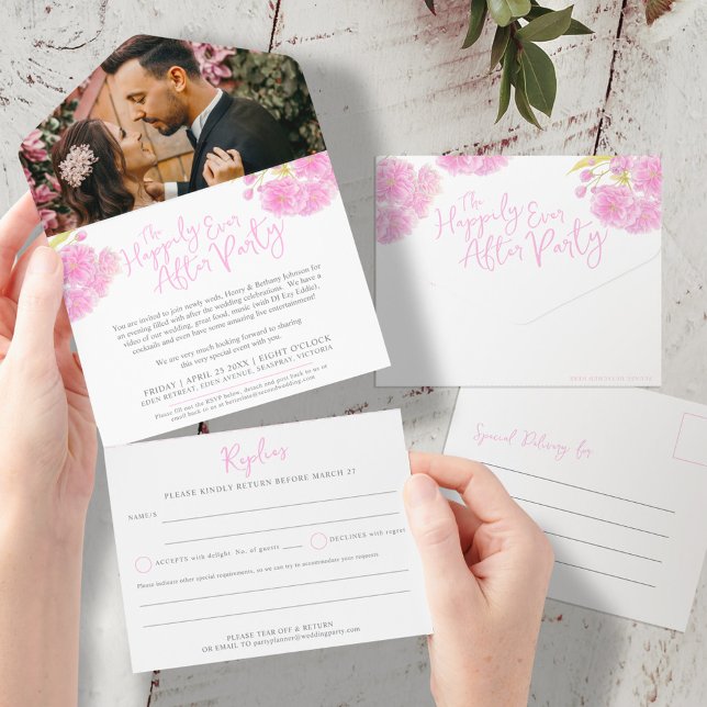 After wedding party photo pink spring blossom all in one invitation (Creator Uploaded)