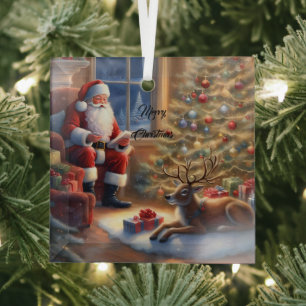 After work - Santa Claus and his reindeer Glass Tree Decoration