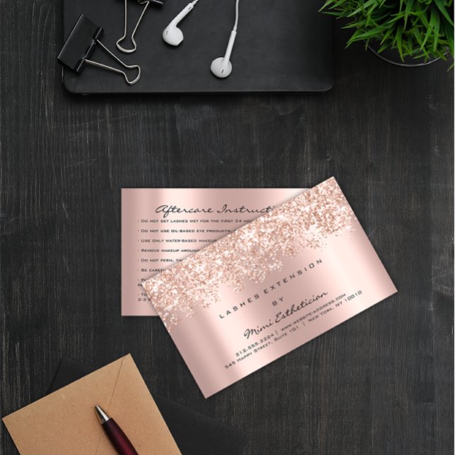Aftercare Instruction Lash Rose Gold Glitter Spark Business Card (Aftercare Instruction Lash Rose Gold Glitter Spark Business Card)