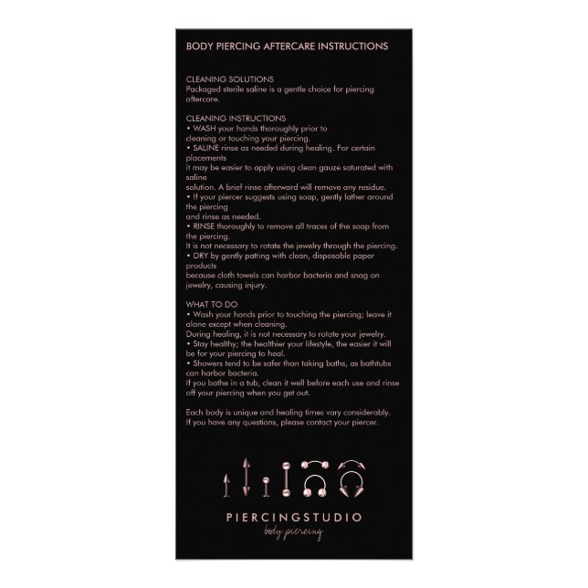Aftercare Instructions Body Piercing Jewellery Rack Card (Front)
