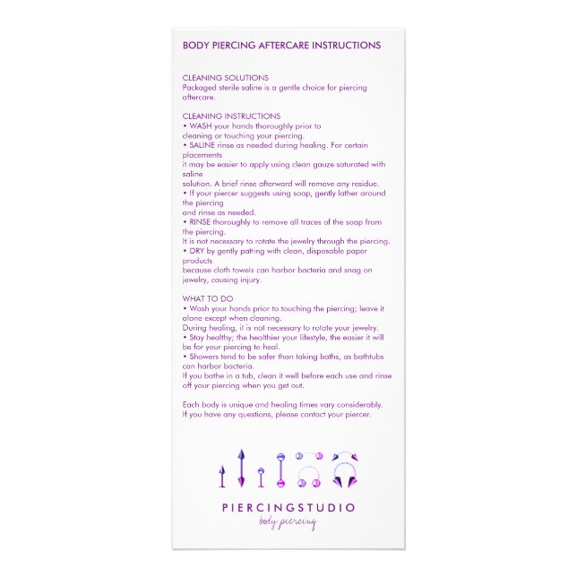 Aftercare Instructions Body Piercing Purple Rack Card (Front)