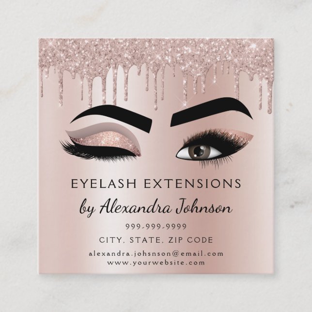 Aftercare Instructions Eyelashes Rose Gold Pink Square Business Card (Front)