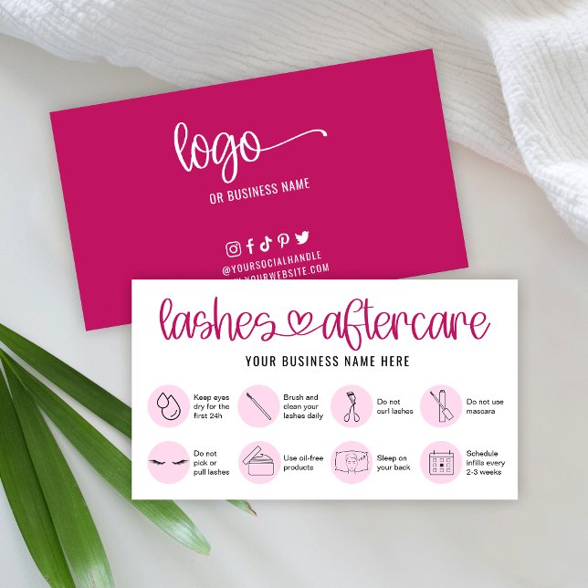 Aftercare Instructions Lash Pink Script Logo Salon Business Card (Creator Uploaded)