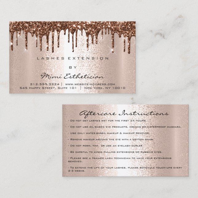 Aftercare Instructions Lash Rose Gold Drips Brown Business Card (Front/Back)