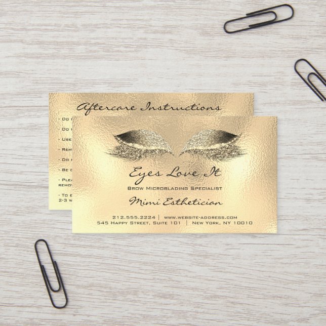 Aftercare Instructions Lashes Metal Glass Gold Business Card (Front/Back In Situ)