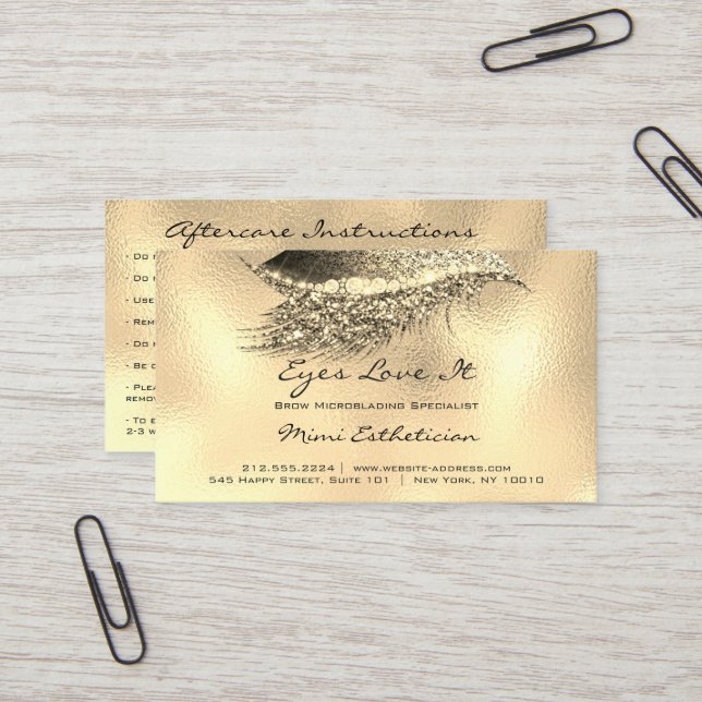 Aftercare Instructions Lashes Metal Lux Gold Business Card (Front/Back In Situ)