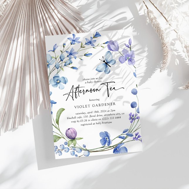 Afternoon Tea Blue Wildflower Wreath Baby Shower Invitation (Creator Uploaded)