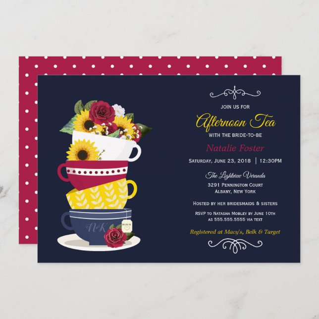 Afternoon Tea Bridal Shower Navy Roses Sunflowers Invitation (Front/Back)