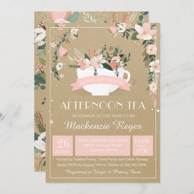 Afternoon Tea Floral Teacup Baby Shower Invitation (Front/Back)