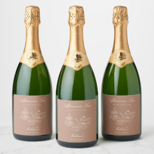 Afternoon Tea Hand-drawn Brown Bridal Shower Sparkling Wine Label