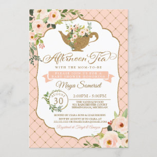 Afternoon Tea Luxury Blush Pink Floral Baby Shower Invitation