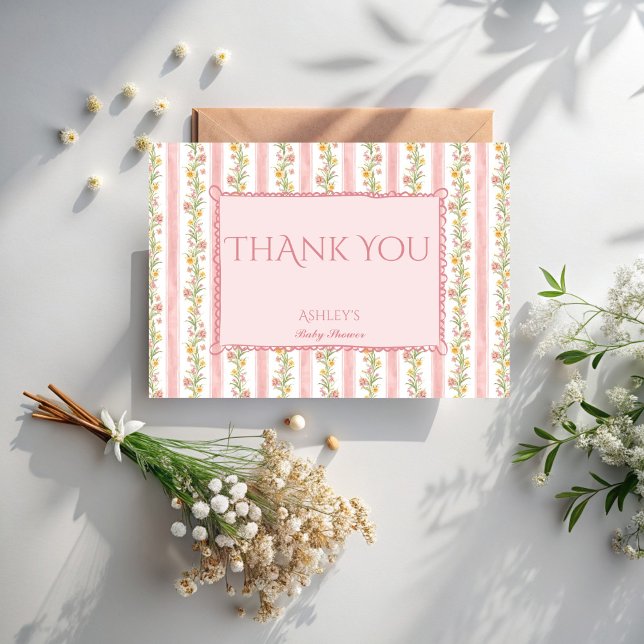 Afternoon tea party grandmillenial baby shower thank you card (Afternoon tea party grandmillenial baby shower thank you cards pink stripes retro thank you cards)